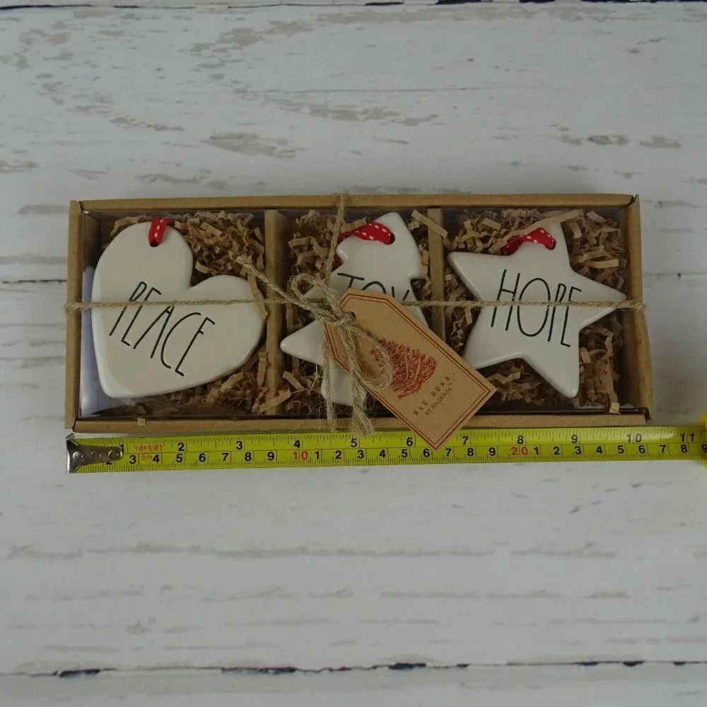 New Rae Dunn 3-PC Christmas Ornaments Ceramic Peace Joy Hope Tree Heart Star Set